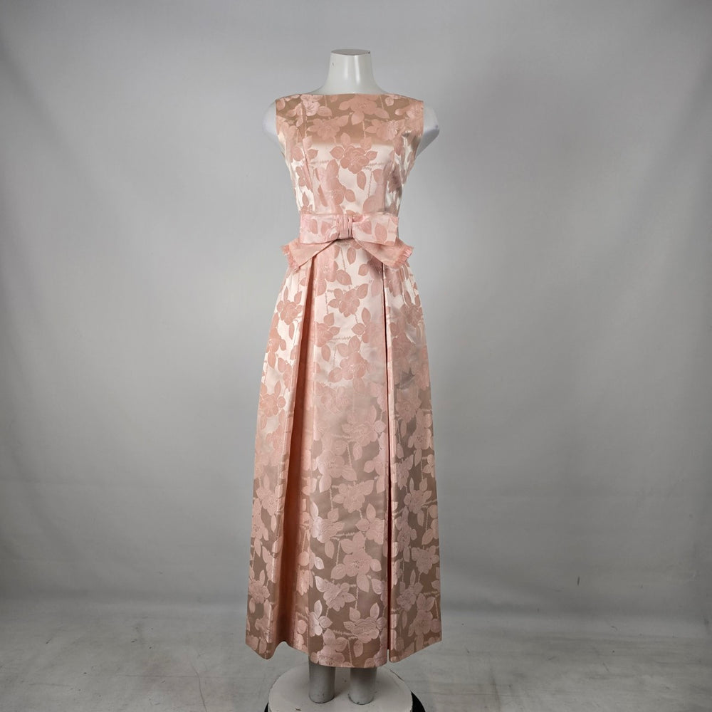 Vintage Blush Pink Floral Jacquard Formal Dress with Bow Waist Size S