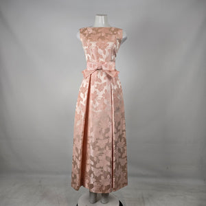 Vintage Blush Pink Floral Jacquard Formal Dress with Bow Waist Size S
