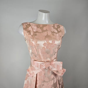 Vintage Blush Pink Floral Jacquard Formal Dress with Bow Waist Size S