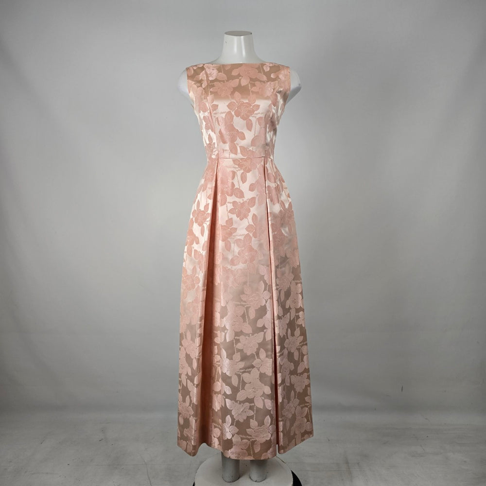 Vintage Blush Pink Floral Jacquard Formal Dress with Bow Waist Size S