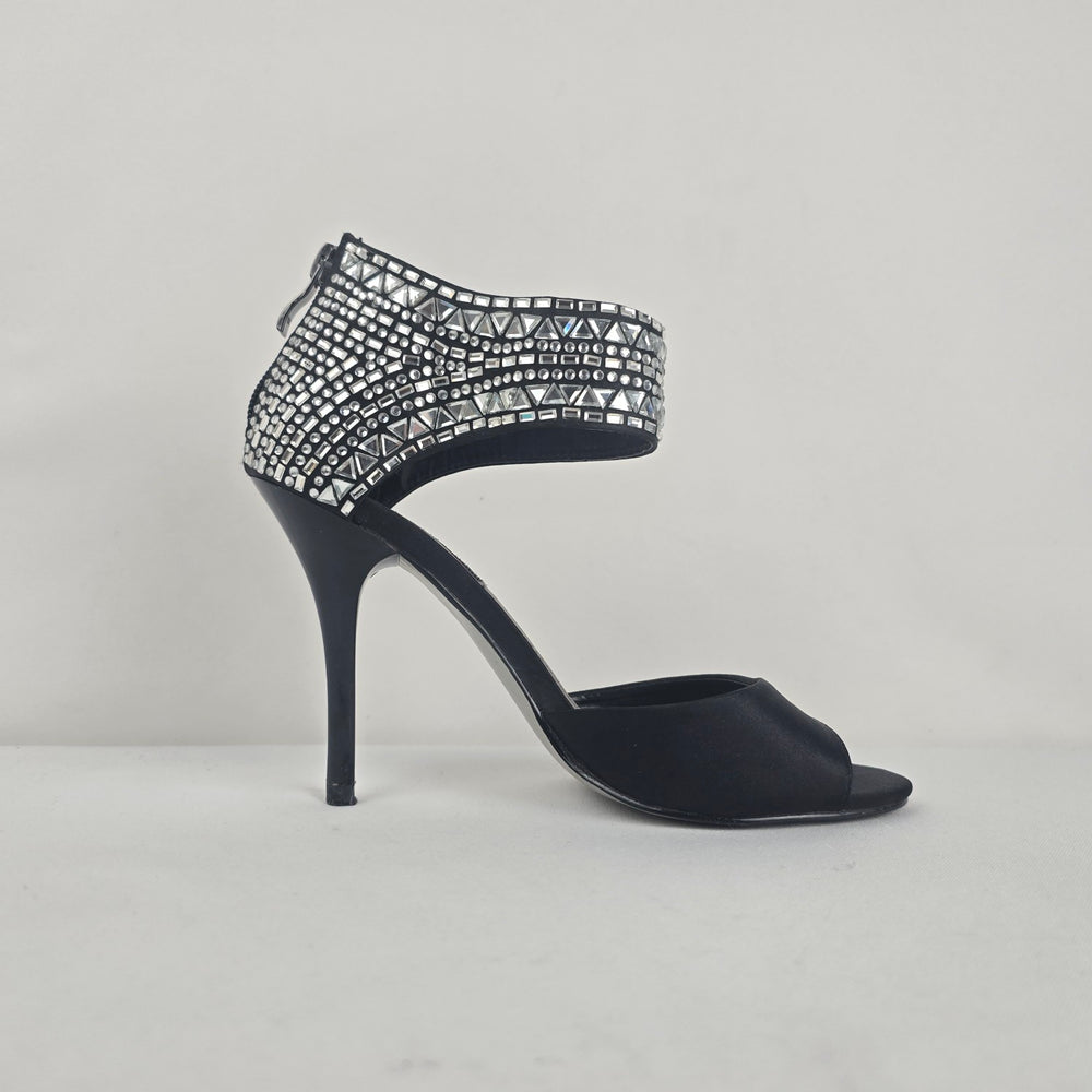 Black Rhinestone Ankle Strap Stiletto Heels Size 6.5