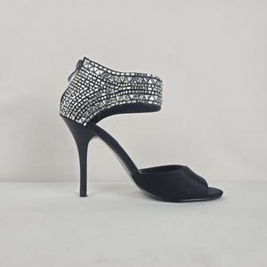 Black Rhinestone Ankle Strap Stiletto Heels Size 6.5