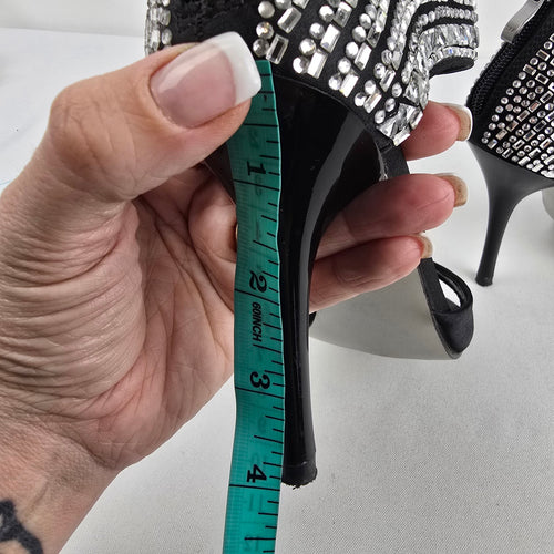 Black Rhinestone Ankle Strap Stiletto Heels Size 6.5