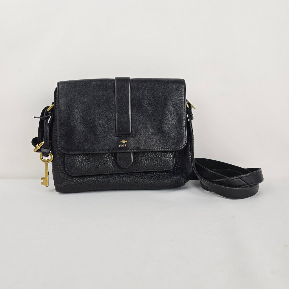 Fossil Black Leather Crossbody Bag with Key Charm