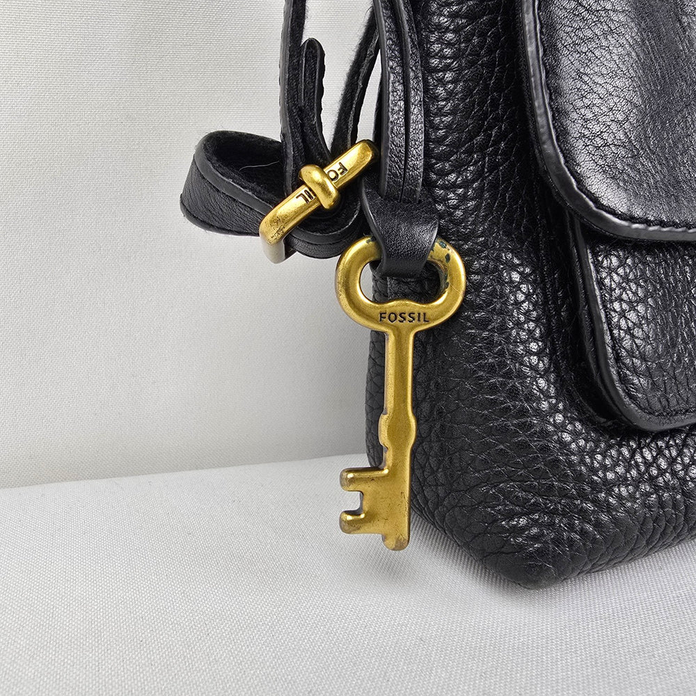 Fossil Black Leather Crossbody Bag with Key Charm