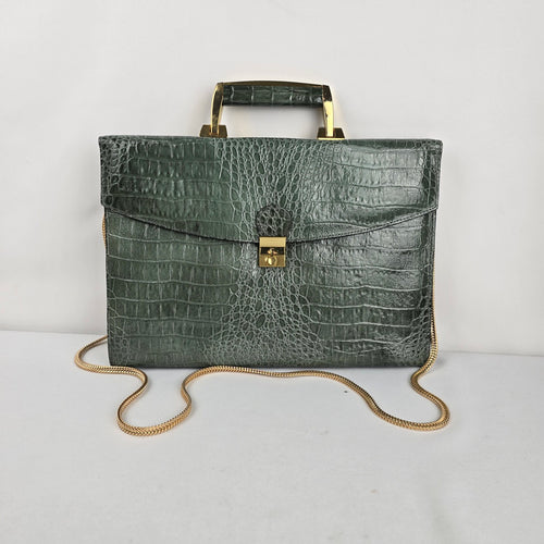 SUDHAUS Green Croc Embossed Leather Top Handle Crossbody Bag