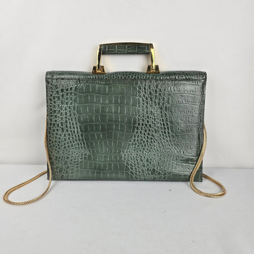 SUDHAUS Green Croc Embossed Leather Top Handle Crossbody Bag