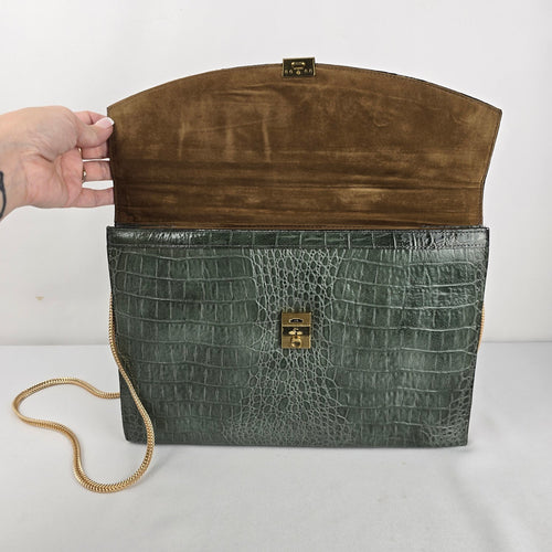 SUDHAUS Green Croc Embossed Leather Top Handle Crossbody Bag