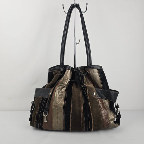 Fossil Patchwork Leather Shoulder Bag Brown Black Metallic