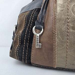 Fossil Patchwork Leather Shoulder Bag Brown Black Metallic