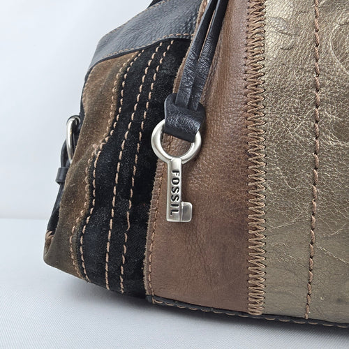 Fossil Patchwork Leather Shoulder Bag Brown Black Metallic