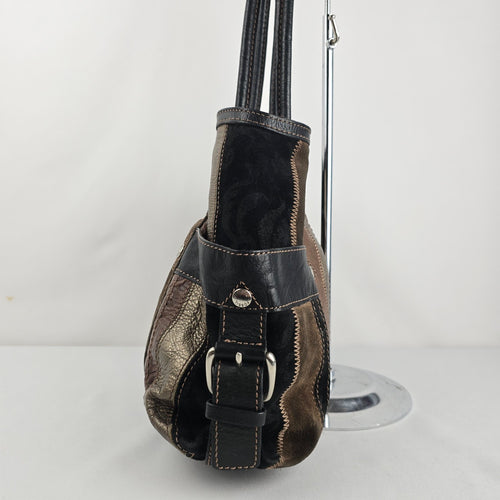 Fossil Patchwork Leather Shoulder Bag Brown Black Metallic