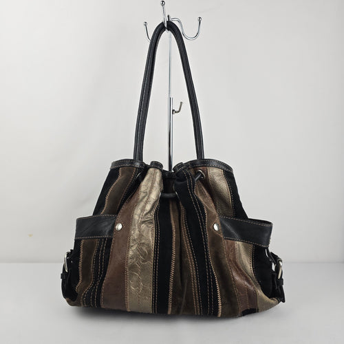 Fossil Patchwork Leather Shoulder Bag Brown Black Metallic