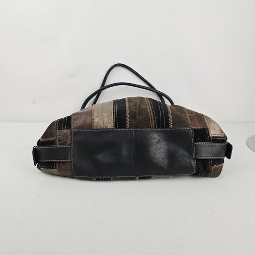 Fossil Patchwork Leather Shoulder Bag Brown Black Metallic