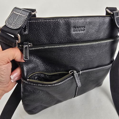 Roots Black Leather Crossbody Organizer Bag
