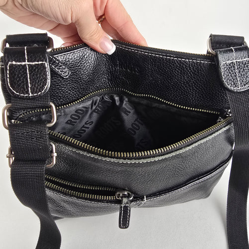 Roots Black Leather Crossbody Organizer Bag