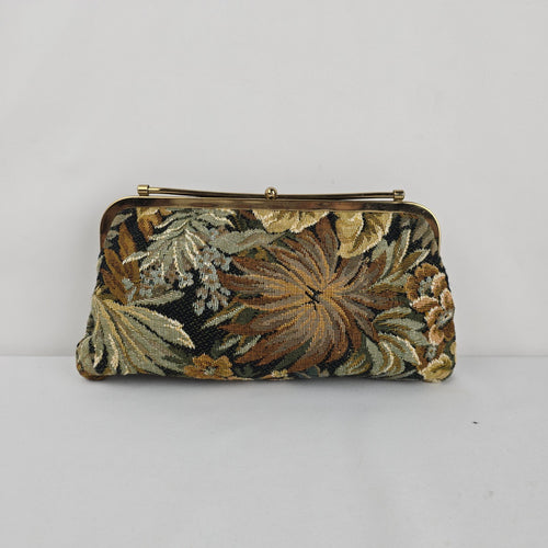 Vintage Floral Tapestry Kiss Lock Clutch Bag
