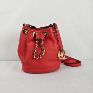 Michael Kors Red Leather Drawstring Bucket Crossbody Bag