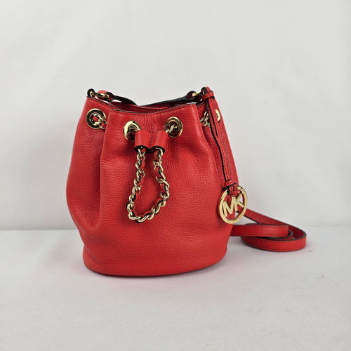 Michael Kors Red Leather Drawstring Bucket Crossbody Bag