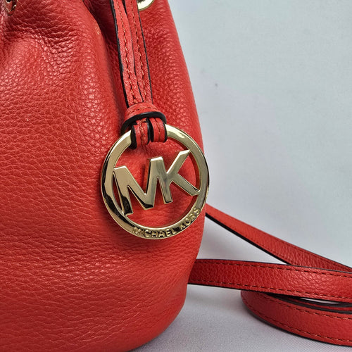 Michael Kors Red Leather Drawstring Bucket Crossbody Bag