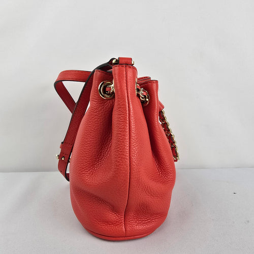 Michael Kors Red Leather Drawstring Bucket Crossbody Bag