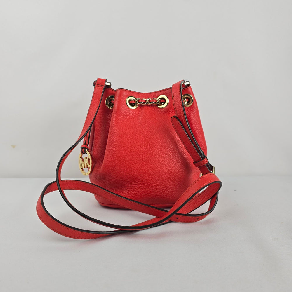 Michael Kors Red Leather Drawstring Bucket Crossbody Bag