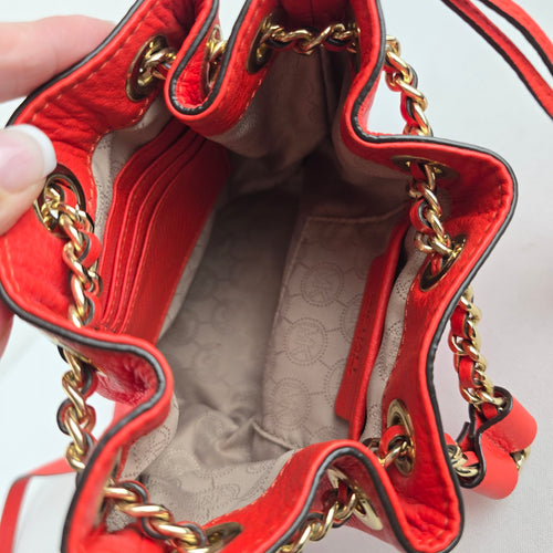 Michael Kors Red Leather Drawstring Bucket Crossbody Bag