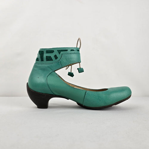 Turquoise Leather Lace Up Ankle Strap Low Heel Shoes Size 7