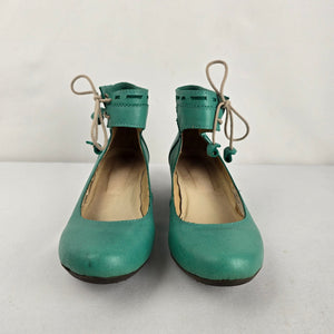 Turquoise Leather Lace Up Ankle Strap Low Heel Shoes Size 7