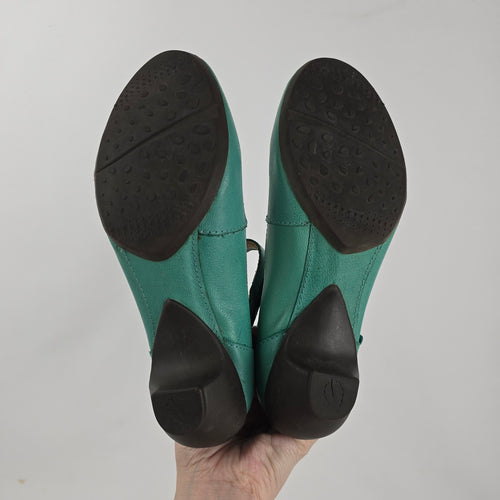 Turquoise Leather Lace Up Ankle Strap Low Heel Shoes Size 7