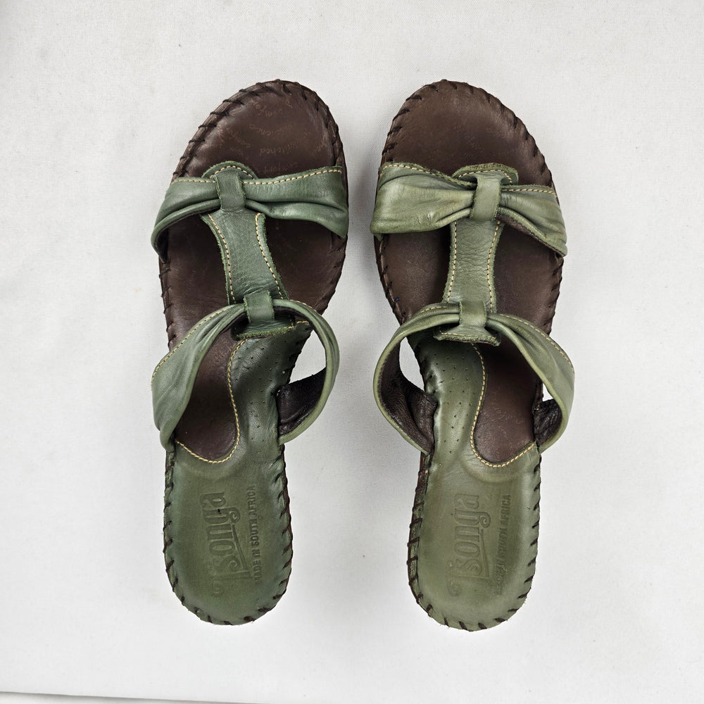 Tsonga Sage Green Leather Heeled Sandals Made in South Africa Size 8
