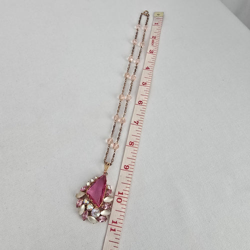 Quality Vintage Pink Rhinestone Pendant Necklace Gold Tone
