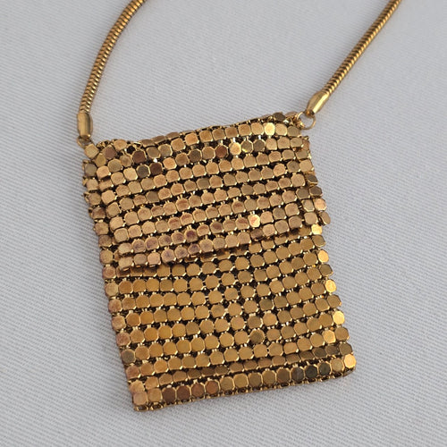 Vintage Gold Mesh Purse Pendant Necklace