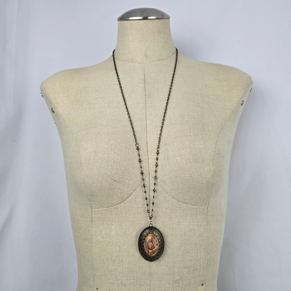 Boho Antiqued Gold Tone Stone Pendant Necklace