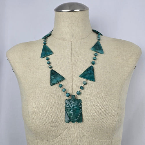 Vintage Green Carved Stone Tiki Pendant Necklace
