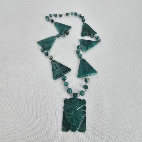 Vintage Green Carved Stone Tiki Pendant Necklace