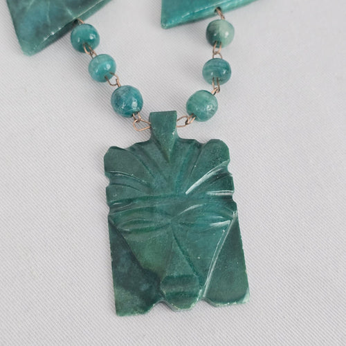 Vintage Green Carved Stone Tiki Pendant Necklace