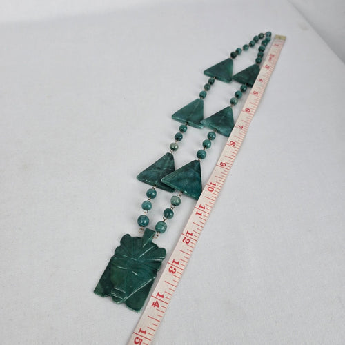 Vintage Green Carved Stone Tiki Pendant Necklace