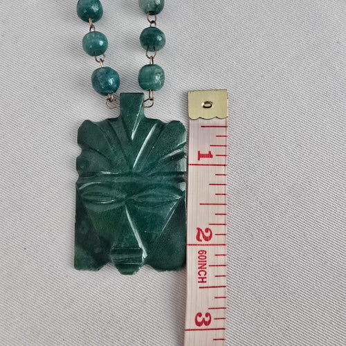 Vintage Green Carved Stone Tiki Pendant Necklace