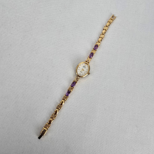 Jules Jürgensen Ladies Gold Tone Watch with Purple Gemstone Bracelet