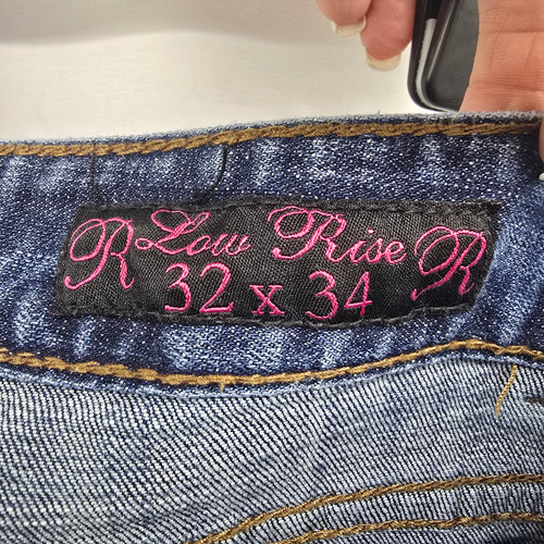 Rock & Roll Cowgirl Jeans Low Rise 32 x 34 Bootcut Embellished Pocket Denim