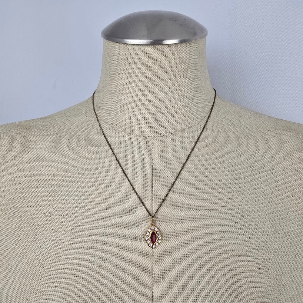 Vintage Gold Tone Red Marquise Rhinestone Pendant Necklace