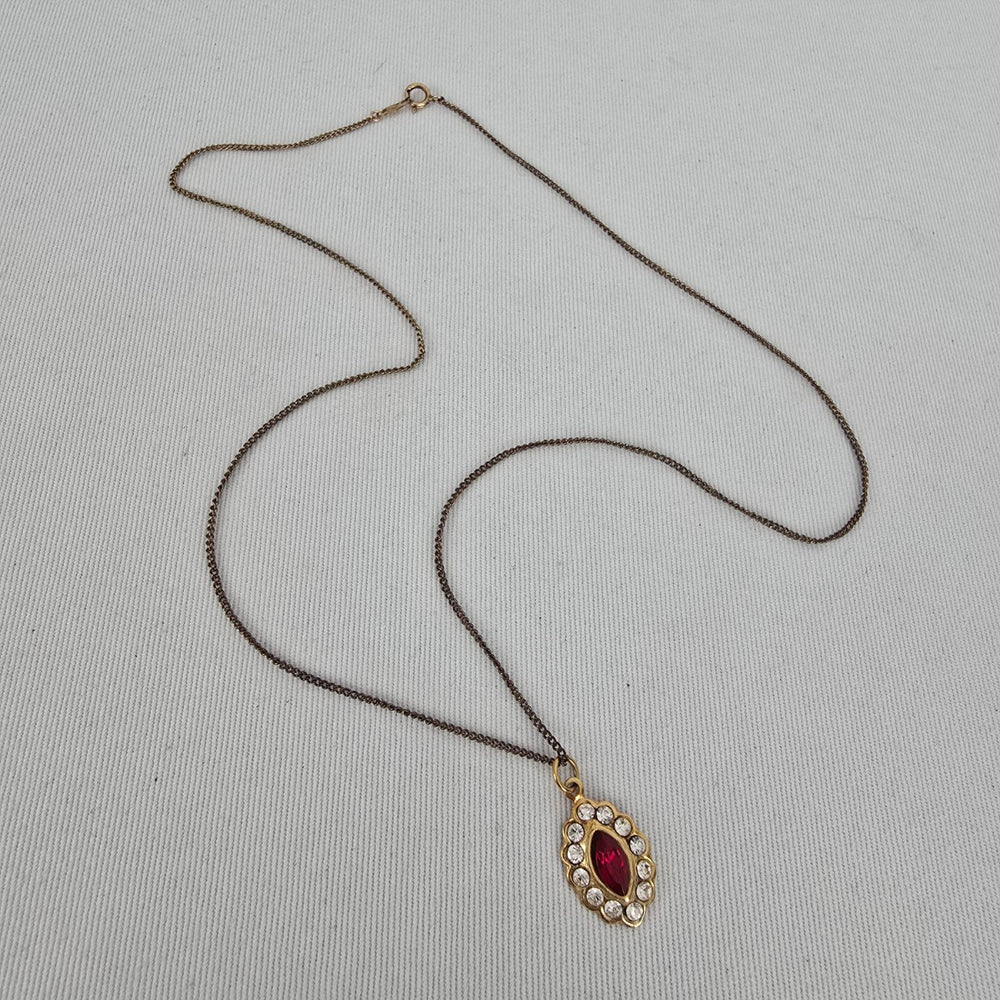 Vintage Gold Tone Red Marquise Rhinestone Pendant Necklace