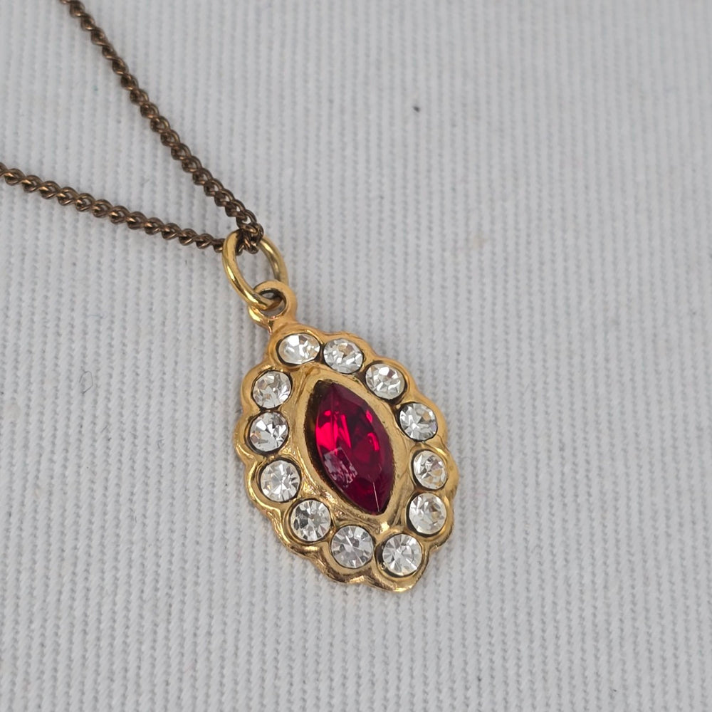 Vintage Gold Tone Red Marquise Rhinestone Pendant Necklace
