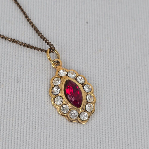 Vintage Gold Tone Red Marquise Rhinestone Pendant Necklace