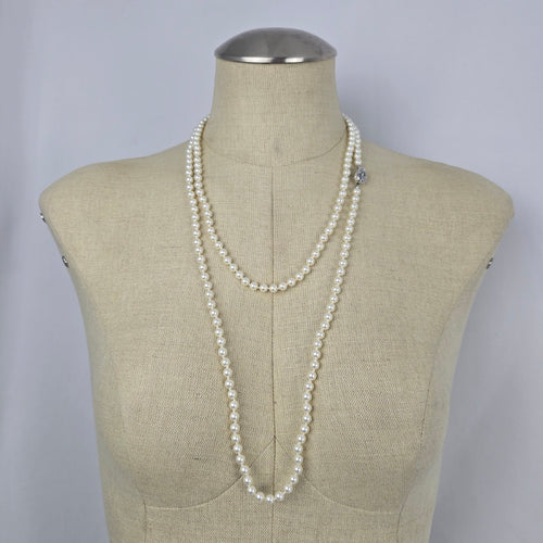 Vintage Long Faux Pearl Beaded Necklace with Decorative Silver Tone Clasp