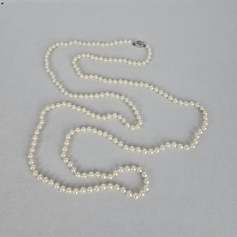 Vintage Long Faux Pearl Beaded Necklace with Decorative Silver Tone Clasp