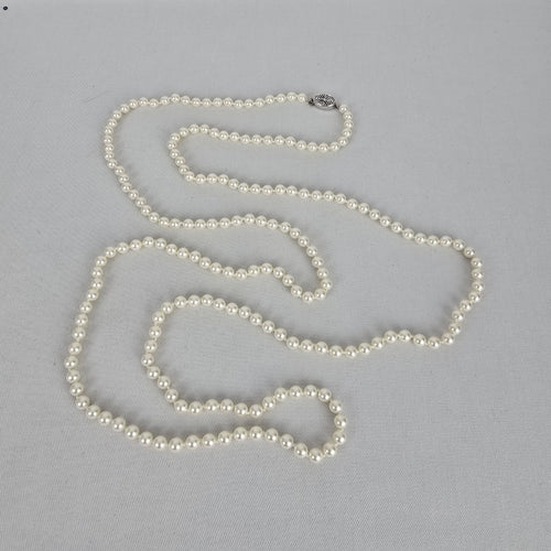 Vintage Long Faux Pearl Beaded Necklace with Decorative Silver Tone Clasp