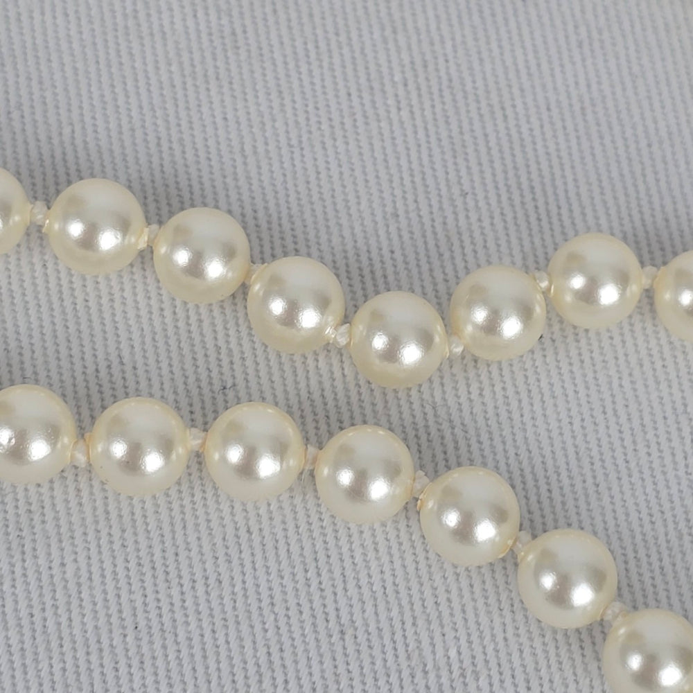 Vintage Long Faux Pearl Beaded Necklace with Decorative Silver Tone Clasp