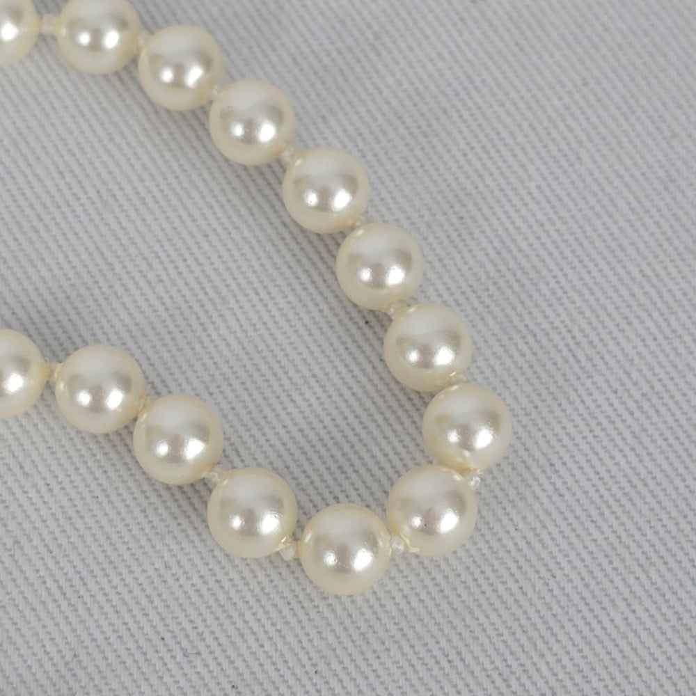 Vintage Long Faux Pearl Beaded Necklace with Decorative Silver Tone Clasp